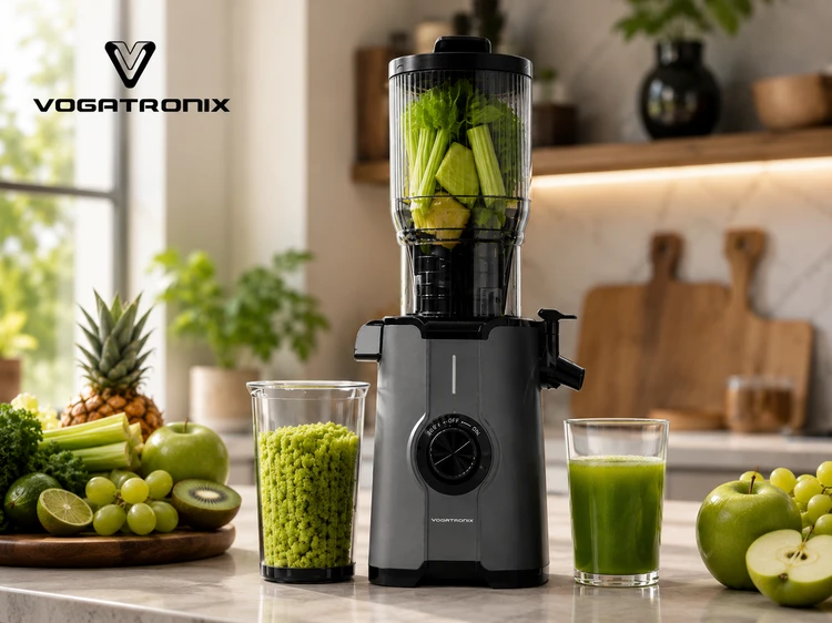آبمیوهگیری و عصاره گیر ووگاترونیکس مدل VE-SJ02 | موتور 200 وات | دهانه ورودی 108 میلیمتری