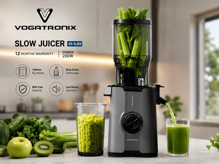 آبمیوهگیری و عصاره گیر ووگاترونیکس مدل VE-SJ02 | موتور 200 وات | دهانه ورودی 108 میلیمتری