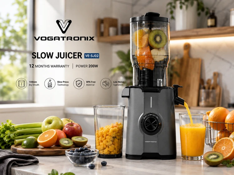 آبمیوهگیری و عصاره گیر ووگاترونیکس مدل VE-SJ02 | موتور 200 وات | دهانه ورودی 108 میلیمتری