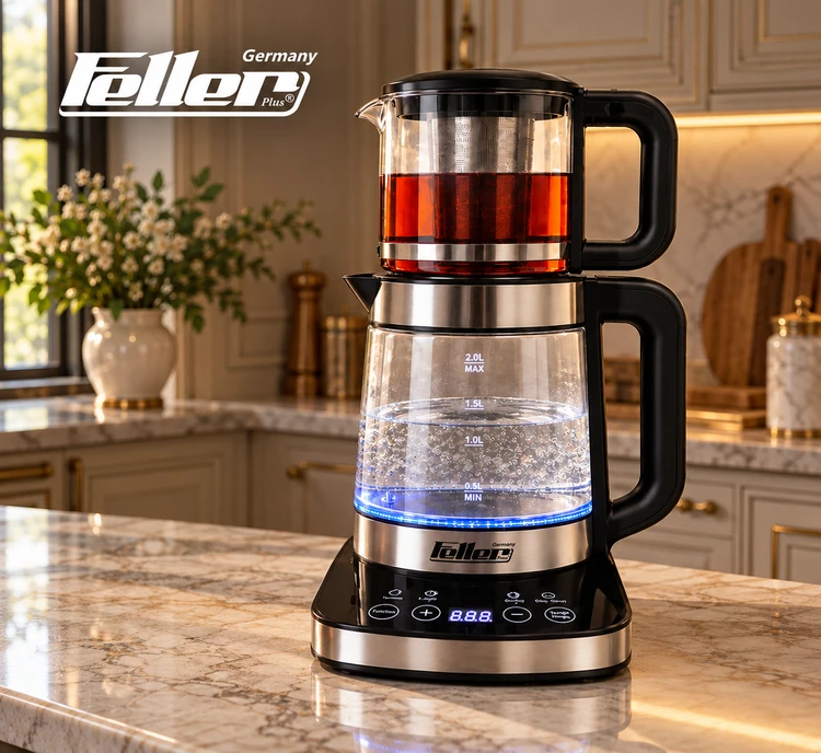 چای‌ساز فلر پلاس مدل TS-388 توان 2500 وات با کتری شیشه‌ای 2.5 لیتری و قوری 1.5 لیتری