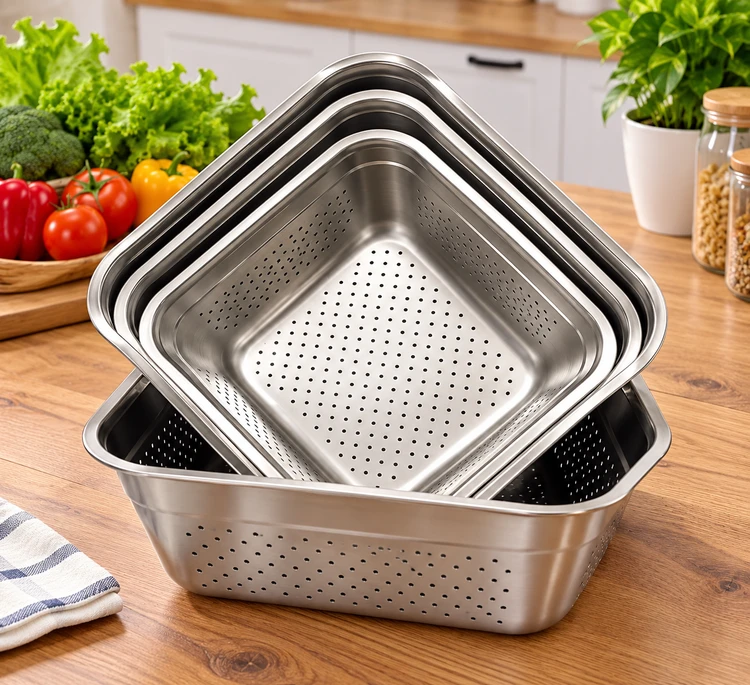آبکش استیل یونیک وارداتی مربعی تودرتو ۴ تکه سایز ۲۶ تا ۳۲ سانتی‌متر